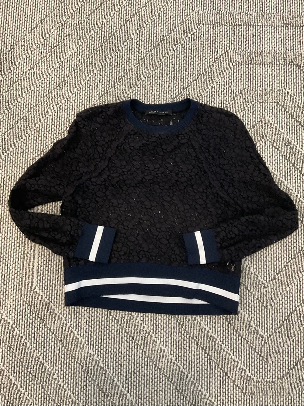 Zara Navy Lace Crewneck Sweater with White Stripe Trim